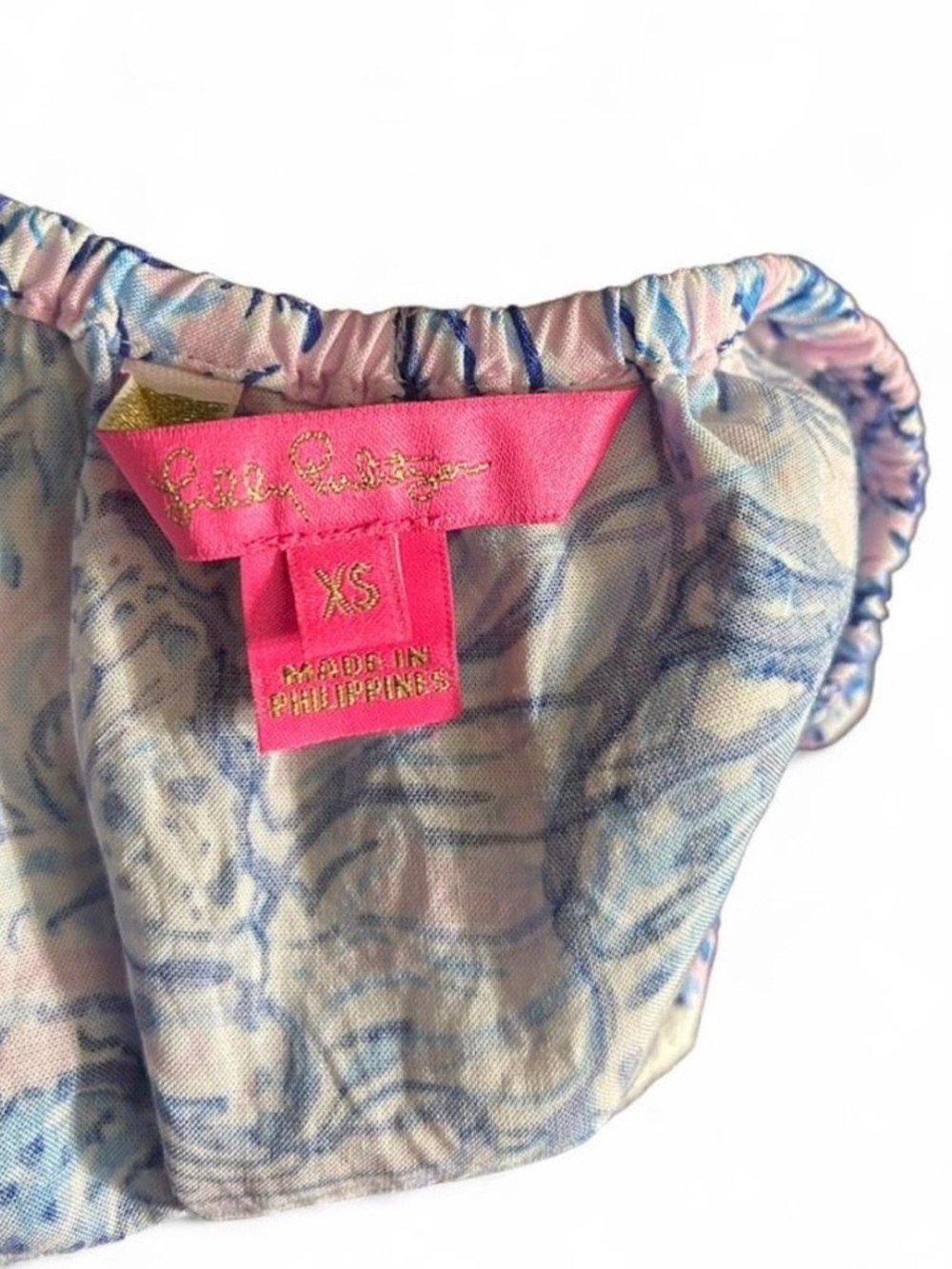 Lilly Pulitzer Pink Blue Seashell Print Dress XS 3/4 Sleeve Tunic Shift Pom Trim - Picture 6 of 6